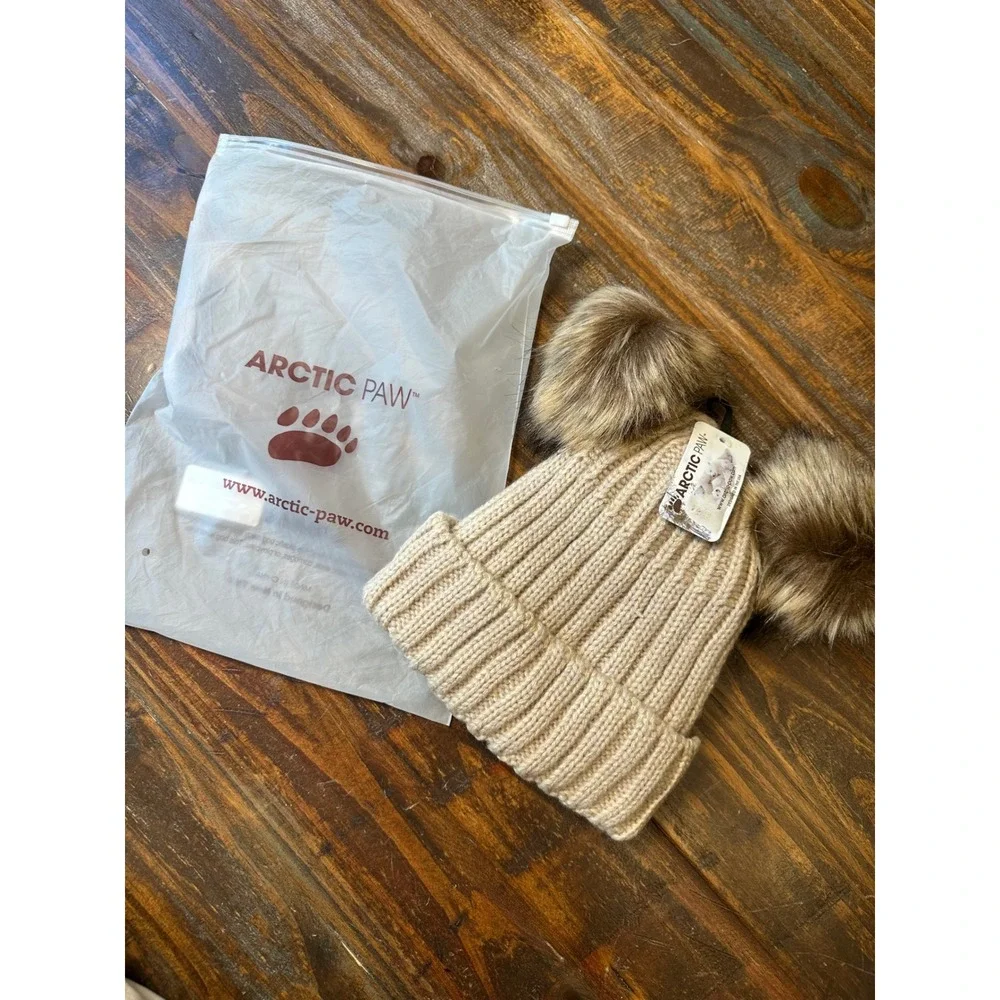 Arctic Paw Women Beige Double Pom Pom Beanie Fleece Lined Ribbed Knit Winter Hat